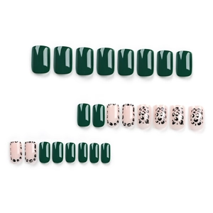 Short square press on nails set with dark green gloss and pink leopard print patterns