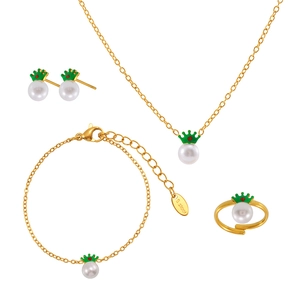 Golden stainless steel crown jewelry set with white pearls for children including necklace and ring