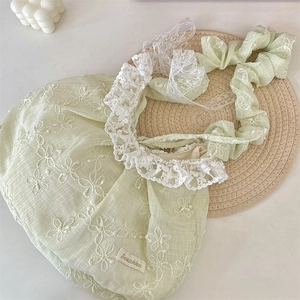 Close-up of floral embroidery detail and white lace trim on a light green fabric handbag