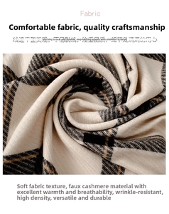 Close-up of soft cashmere-feel fabric detail with black, white and orange plaid pattern