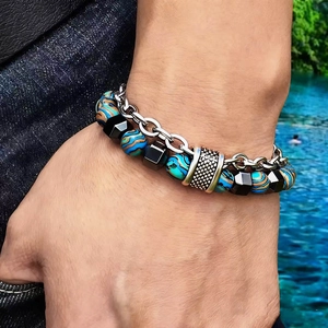 Double Layer Men Bracelet Stainless Steel Chain Alloy Beads Synthetic Malachite Hematite OT Buckle Hip Hop Fashion