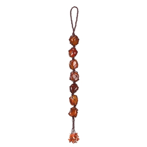 Detailed view of hand-woven car pendant with seven polished natural red agate gemstones