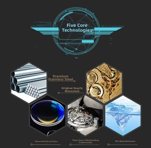 Detailed view of stainless steel watch parts with quartz movement and waterproof features
