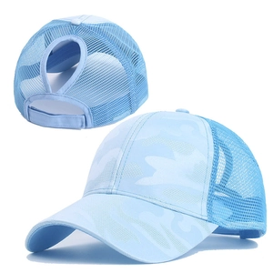 Light blue camo ponytail baseball cap with breathable mesh and adjustable back opening