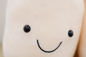 Close-up of adorable smiling plush tulip toy face with black embroidered eyes and mouth