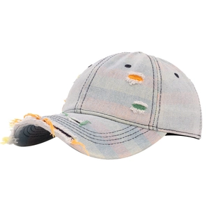 Distressed denim baseball cap with rainbow frayed details and washed light blue finish