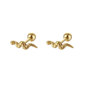 Detail of golden snake-shaped stud earrings featuring intricate scale textures and ball backs