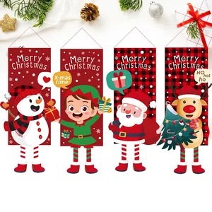 Christmas Hanging Banners Non-Woven Fabric Cartoon Santa Snowman Reindeer Buffalo Plaid Festive Wall Decor Indoor