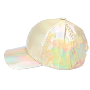 Side view of rainbow holographic baseball cap with golden metallic finish and six-panel design