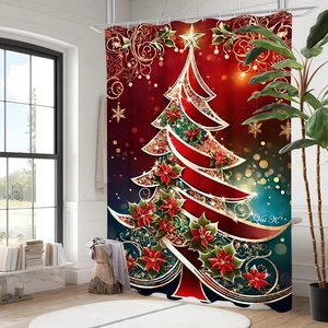 Modern Christmas tree shower curtain with red poinsettia pattern in stylish bathroom set