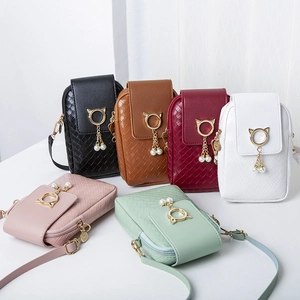 Women woven leather phone bag set in six colors with cat-shaped golden buckle and strap