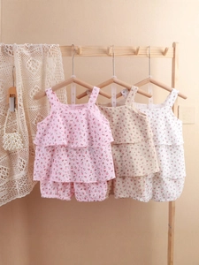 Girls Floral Strap Top And Shorts Cotton Double Gauze Muslin Breathable Ruffle Sweet Loungewear Baby Toddler