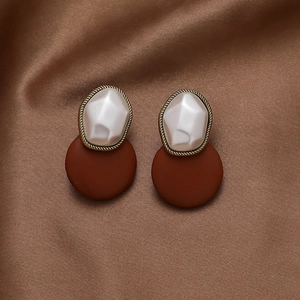 Vintage Round Stud Earrings With PU Leather Artificial Pearl Alloy And 925 Sterling Silver Earring Post Elegant For Women