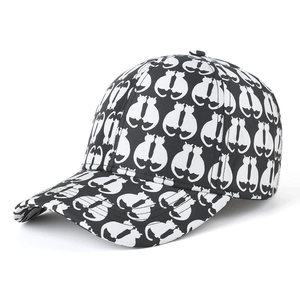 Classic black baseball cap featuring an all-over white cat silhouette pattern in a 3D view
