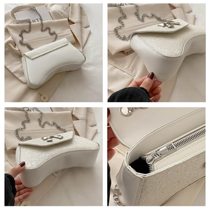 Detailed views of a white crescent bag with silver bow detail and chain strap