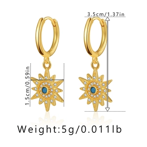 Detailed view of 18K gold sunburst hoop earrings with blue zircon and size dimensions