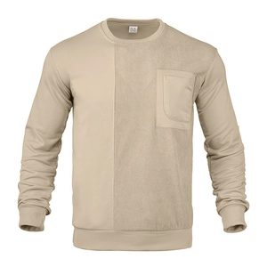 Detail of khaki corduroy patchwork crewneck sweatshirt with chest utility pocket