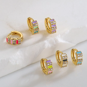 Bohemian gold plated hoop earrings with colorful enamel stripes and sparkling cubic zirconia