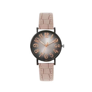 Montre femme à quartz avec cadran dégradé noir et bracelet en cuir rose aspect croco