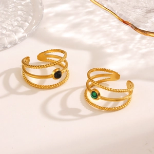 18K gold plated stainless steel layered open rings with black and green stone inlays