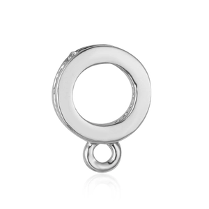Macro detail of a silver-toned round jewelry bail connector with mirror reflection