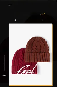 Detail of chunky knit winter beanies with jacquard texture and wide ribbed cuffs