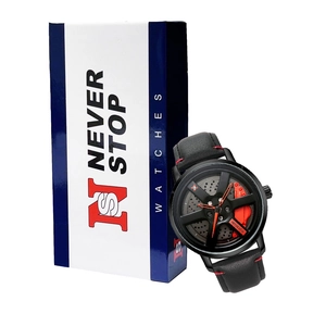 Close-up of automotive wheel hub watch with red brake caliper and blue gift box packaging