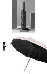 Detail of automatic folding umbrella featuring a double-layered beige and black windproof canopy