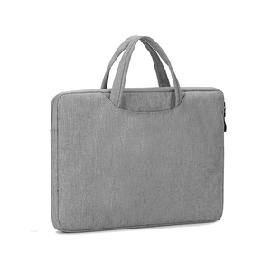 Side view of gray laptop briefcase showing textured water-resistant fabric and zippers