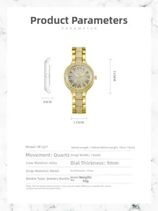 Fiche technique détaillée d'une montre femme en cristal doré avec cadran serti de 32mm