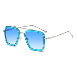 Fashion square frame sunglasses with blue gradient lenses and dual-tone metal frame