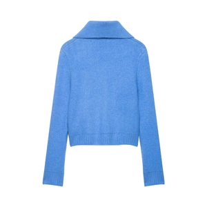 Sky blue knitted cardigan with large collar and ribbed cuffs in a clean back view