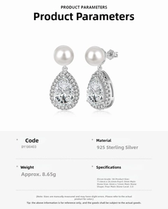 Detail view of 925 silver earrings with 8mm shell pearl and 3.0ct pear-cut zircon