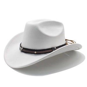 Close-up of white felt cowboy hat with decorative band and metallic stud detailing