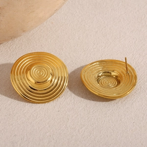 18K gold plated stainless steel concentric circle stud earrings for women with spiral texture