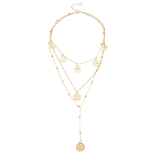 Layered gold coin necklace featuring vintage portrait relief pendants and a Y-shaped chain