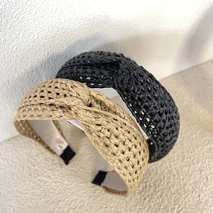Lot de serre-têtes croisés en paille bohème noirs et beige pour coiffure élégante