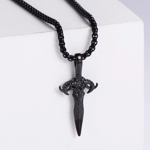 Vintage black punk dagger pendant necklace with ram head relief on geometric stone