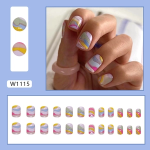 Short square press-on nails with colorful abstract wave patterns and pastel art design