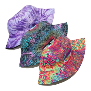 Detail shot of stackable fisherman hats with vibrant psychedelic patterns and eye designs