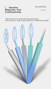 Macro detail of precision tweezers showing anti-corrosion gradient coating layers