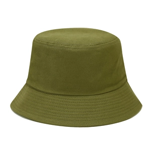 Detail of army green cotton bucket hat showing reinforced stitching on the wide brim