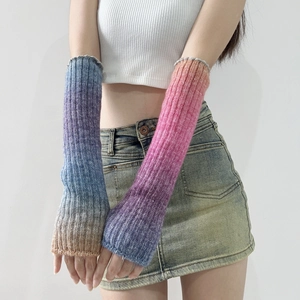 Rainbow gradient wool knit arm warmers with thick ribbed texture for winter warmth