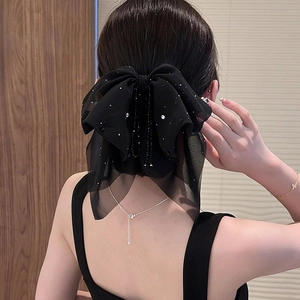 Elegant large black fabric bow hair claw clip with sparkling rhinestones for women