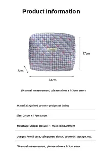 Quilted blue checkered cosmetic bag size details with pink bow pattern and measurements