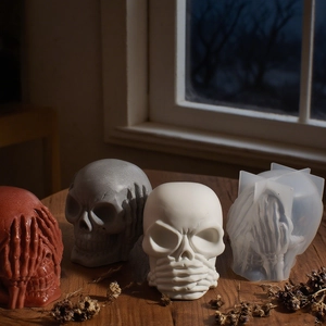 Detail of see no evil hear no evil speak no evil skull silicone molds for candle resin