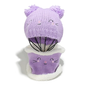 Detailed view of light purple knit hat and scarf set with soft faux fur lining