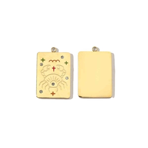 Detail of a 14K gold-plated stainless steel Cancer zodiac pendant with colorful gems