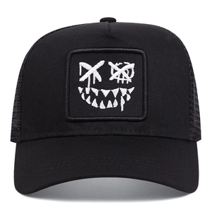 Street style black mesh trucker hat with white demon embroidery and breathable net back