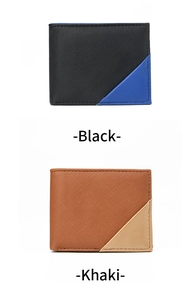 Detail of bifold men's wallets in black and khaki with contrast stitching and leather texture